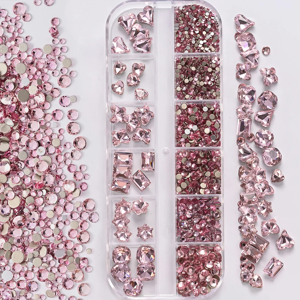 12 Griglia/scatola Rosa Flatback SS4-SS16 Rotondo di Vetro Nail Art Strass Multi-forma Cuore/Farfalla Nail Diamante Unghie FAI DA TE CrystalStone