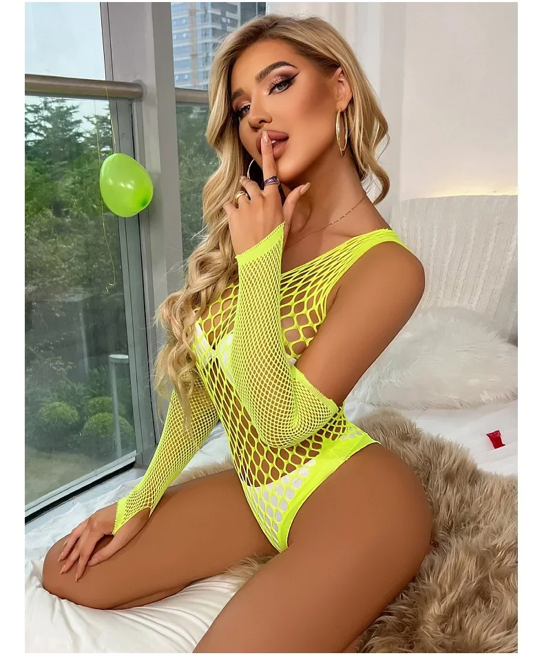 여성용 망사 란제리 바디수트, 속이 비치는 원피스 란제리 속옷 세트 (장갑 포함)