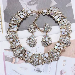 Fashion AB White Crystal Rhinestone Choker Necklace Earrings Women Jewelry Sets Indian Large Collar Statement Wedding Necklace