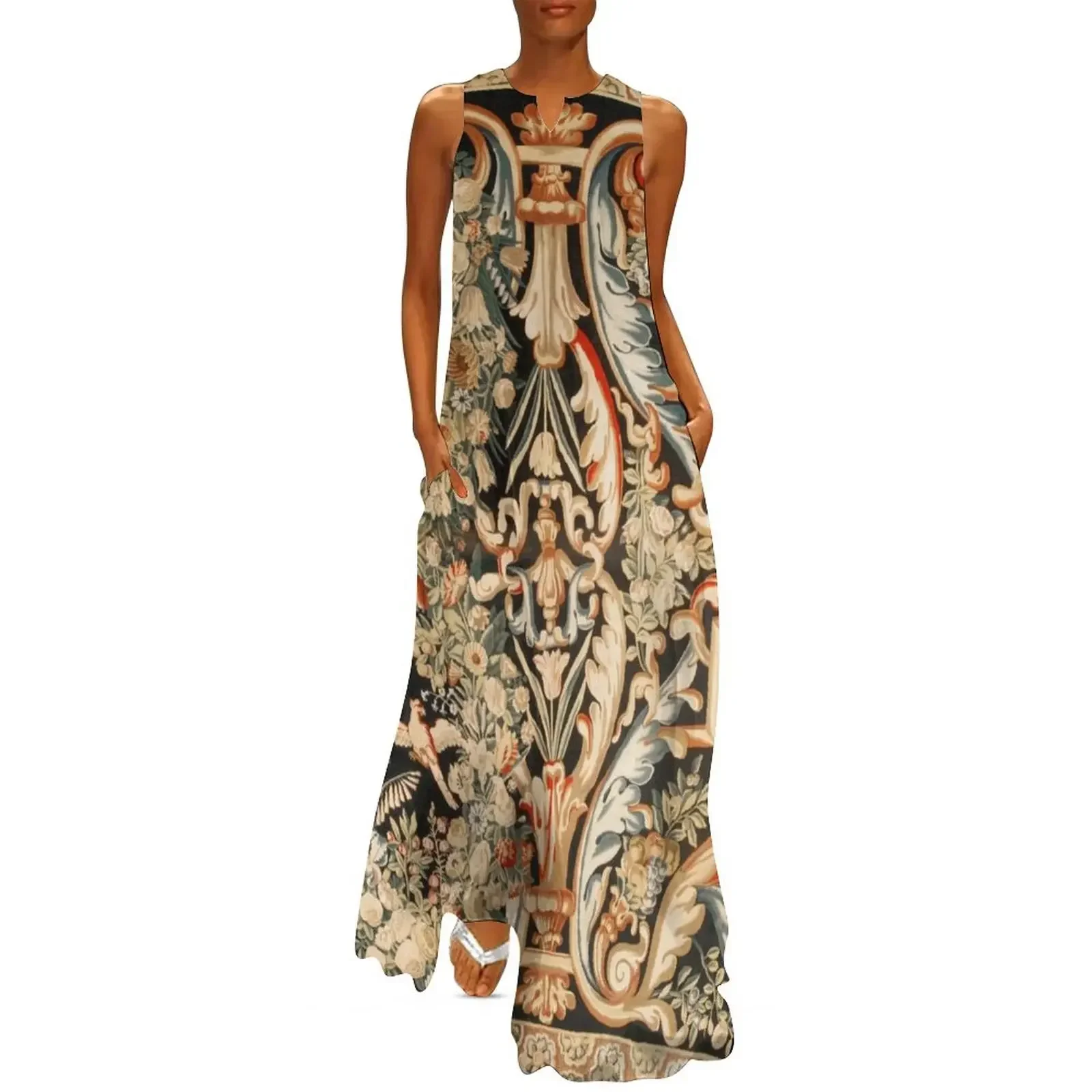 

Antique French Gobelins Aubusson Tapestry Print Long Dress summer women's suit luxury dress Summer women's clothing Dress