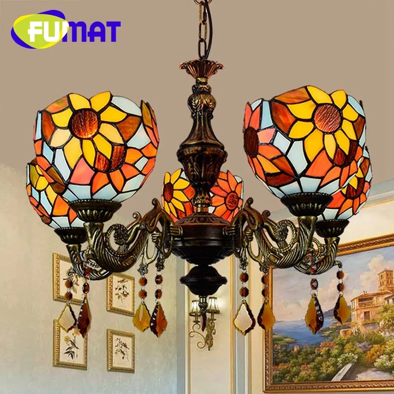 

FUMAT Tiffany style stained glass retro pastoral Sunflower 5 head crystal Pendant lamp Bar Living Room Dining Room bedroom decor