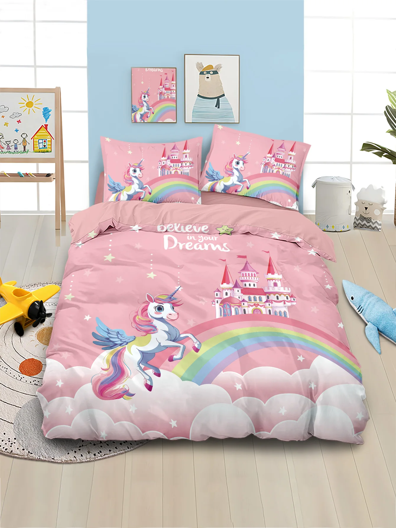 3pcs Cartoon Unicorn Pattern Print Duvet Cover Set, Soft, Comfortable and Breathable, for Bedroom, Hotel, Best Gift for Girls