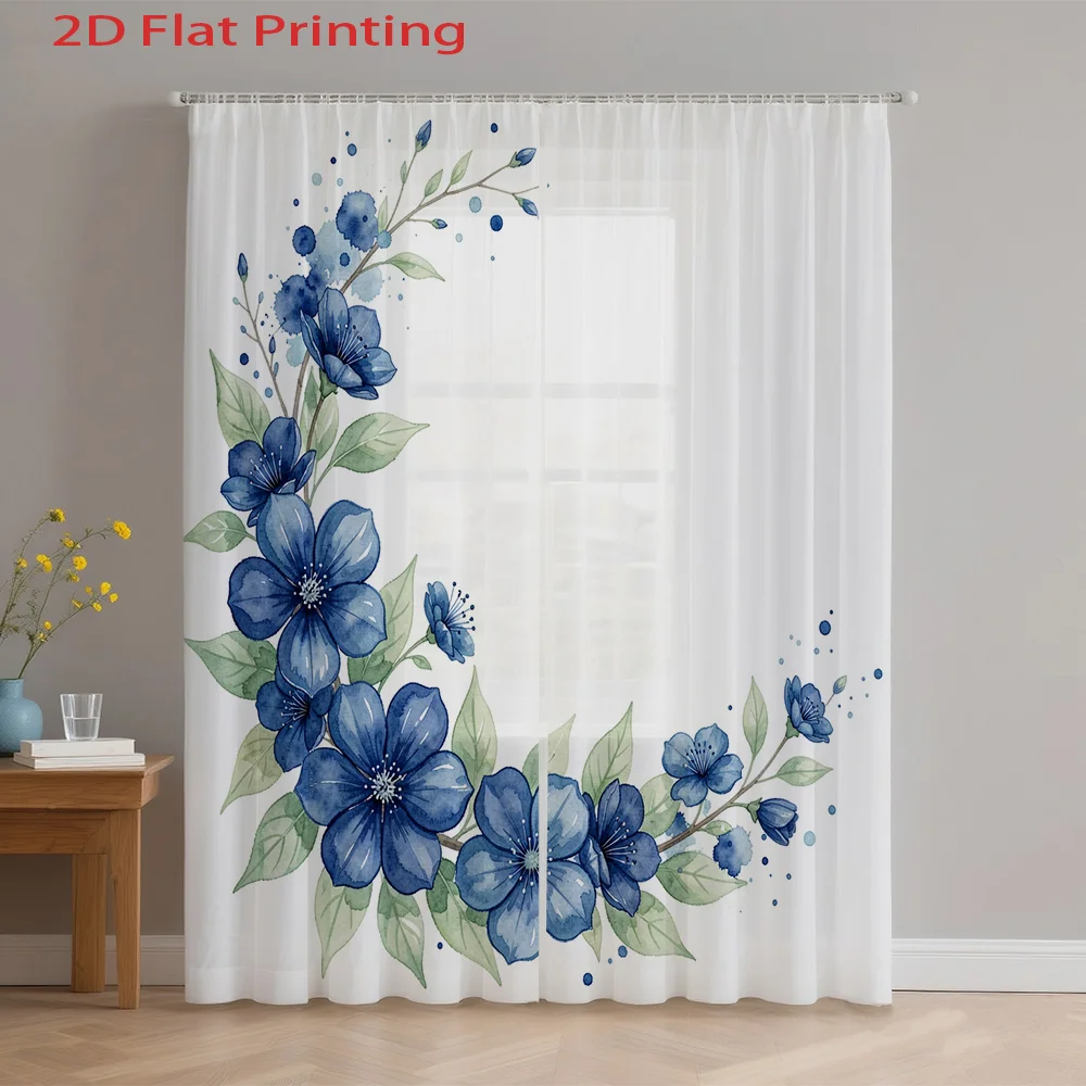 2D FLAT 2pcs Sheer Curtains Blue Flowers Green Leaves Pattern Rod Pocket Window Drapes, Filtering Panels for Bedroom Living Room