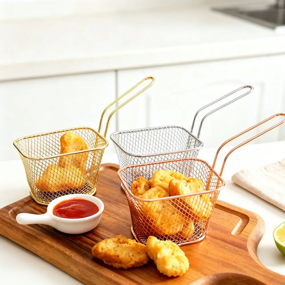 Rose Gold Square Wire Fry Basket Serving Dish For Kitchen Restaurant Cafe Appetizers Snack Food Presentation Tool