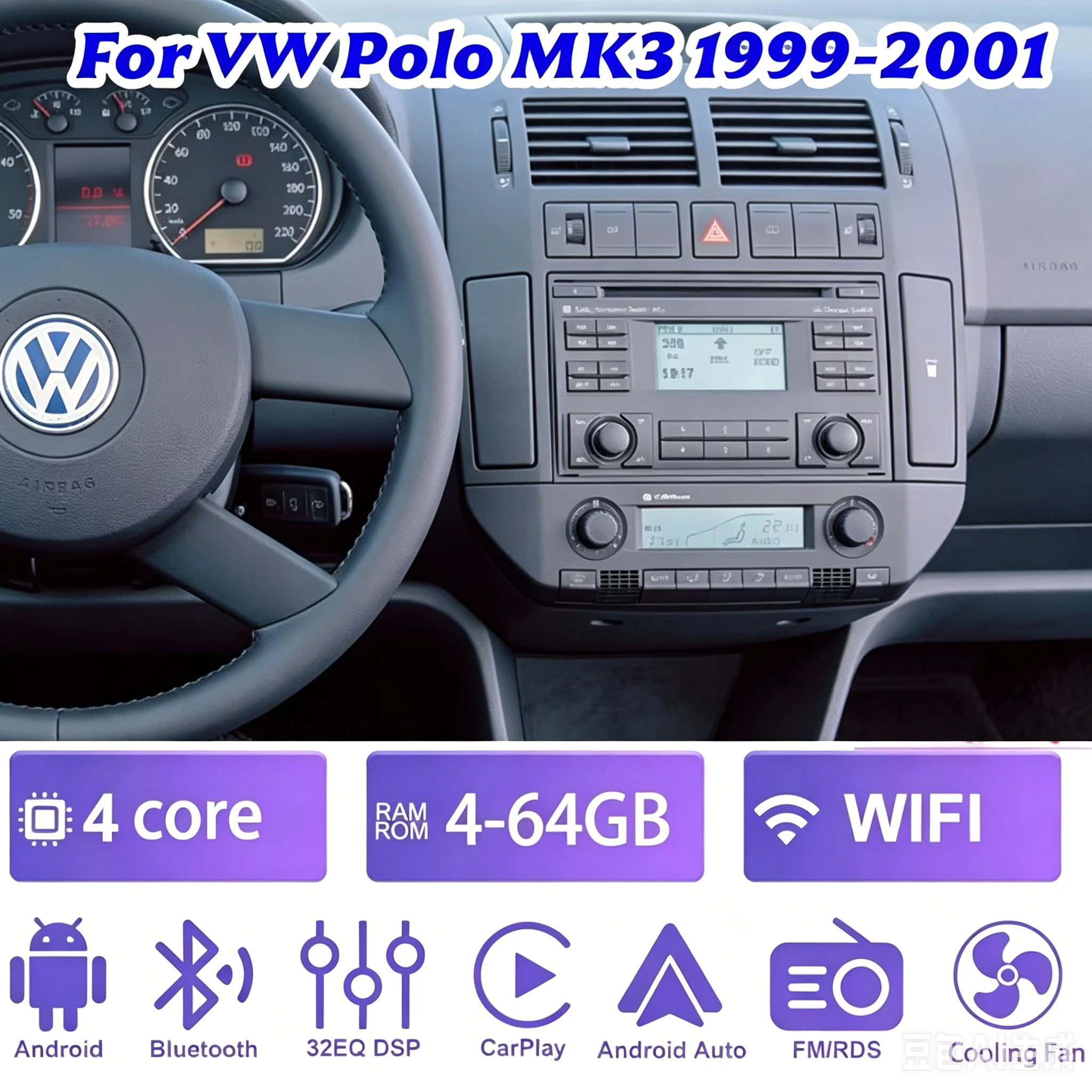 

7" Car Stereo Multimedia Carplay Android 15 Car Radio For VW Polo MK3 1999-2001 1024*600QLED Wireless Auto Radio 4GB+64GB