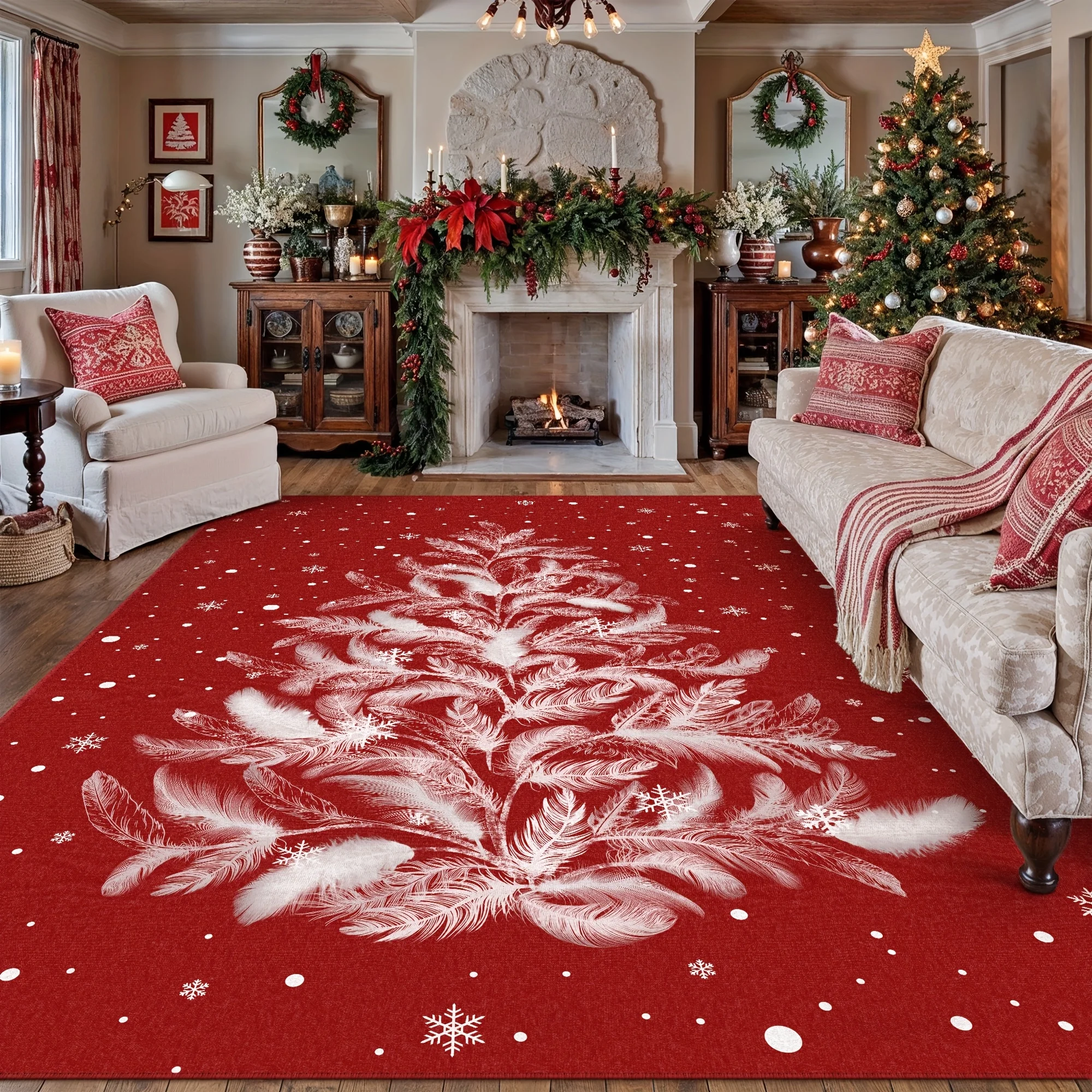 Indoor Christmas Feather Tree Design Rug Ideal for Holiday Season,Red and Green Options, Elevate Christmas Decor for Living Room