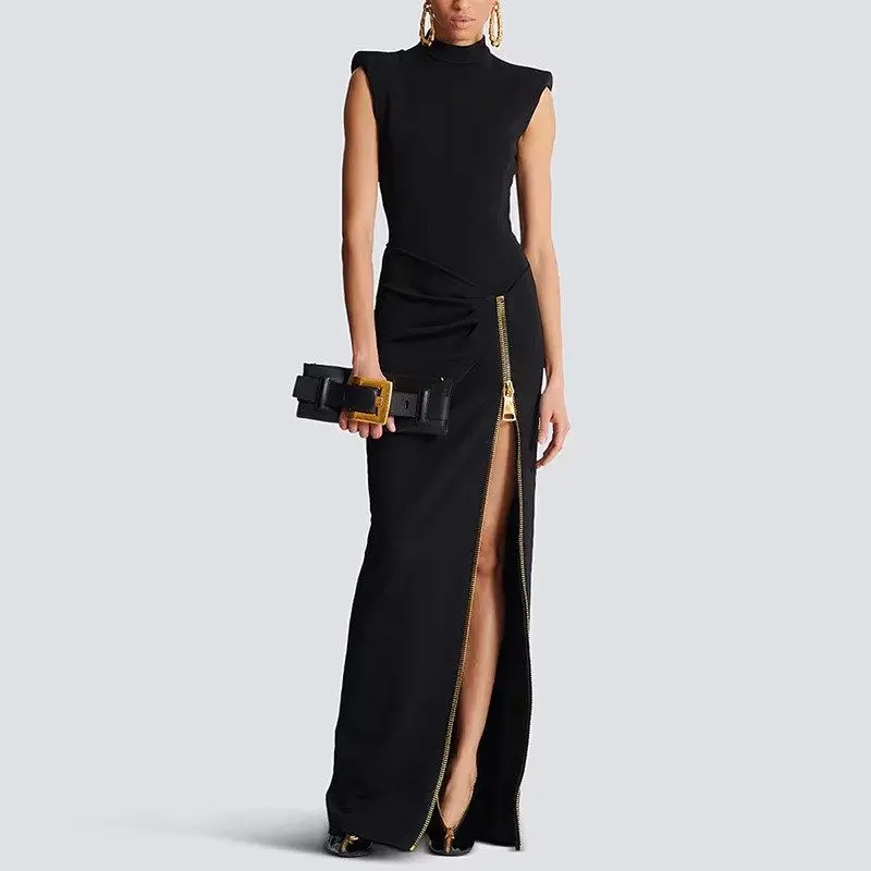 

2025 Celebrity Fashion Sleeveless Zipper Slit Elastic Long Dress Evening Gown mid Waist Step Dress Ladies Citywalk Dress