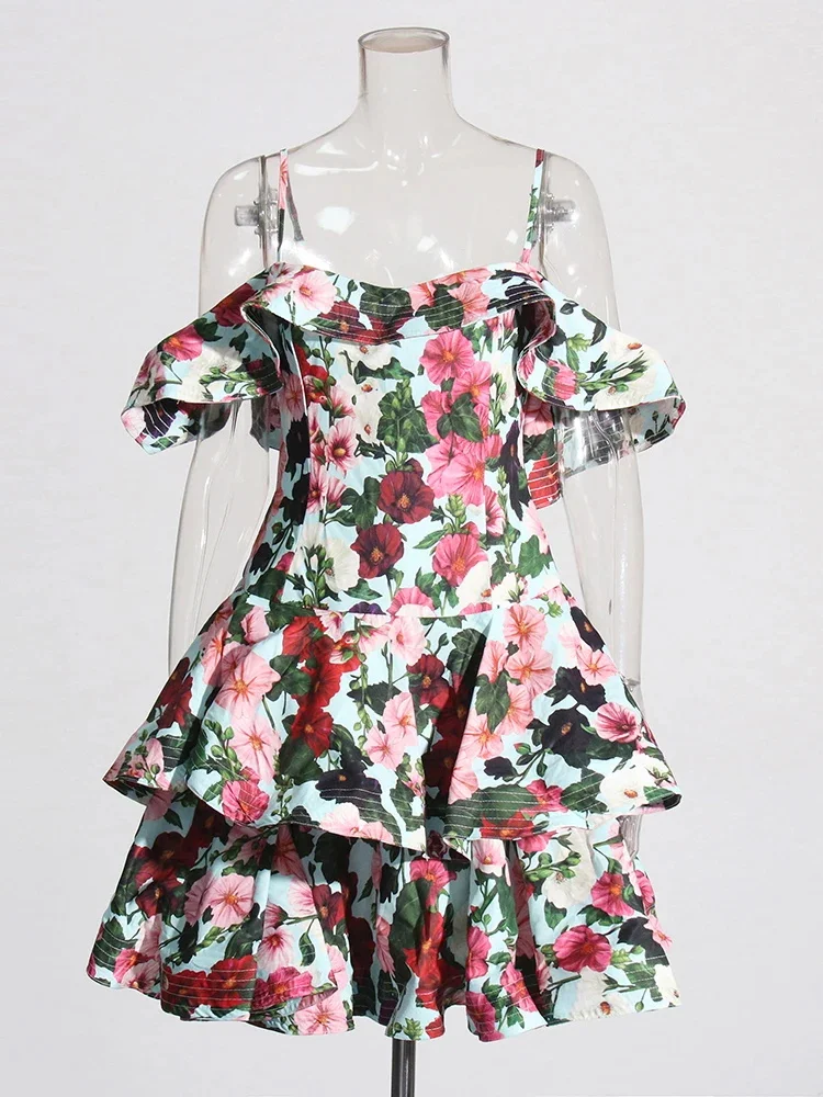 ดอกไม้พิมพ์ชุดมินิสําหรับเจ้าของ Camisole Patchwork Ruffles แขนสั้น Slim High เอว Ruched หวานหญิง