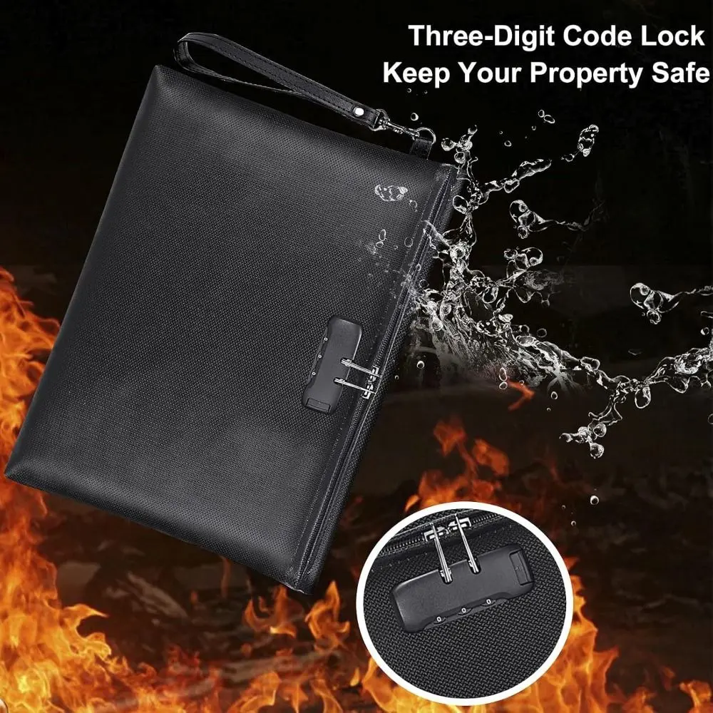 

Heat-resistant Code Lock Fireproof Document Bag with Lock Waterproof Zipper Cash Pouch Large Capacity with Hanging Handle