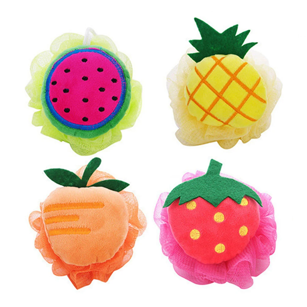 

4pcs Fruit Shaped Bath Ball Large Double Color Mesh Sponge Shower Pouf Durable Soft Body Scrub Cleaning Pineapple Watermelon