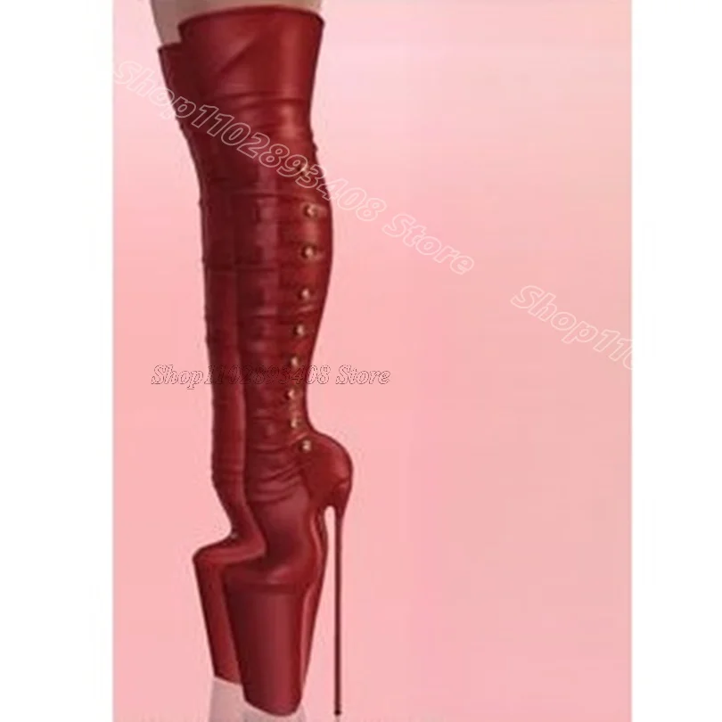 Platform hitam Stiletto gesper dekorasi sepatu gaya Inggris bulat kaki musim semi wanita mode baru di atas lutut Zapatos Para mujue