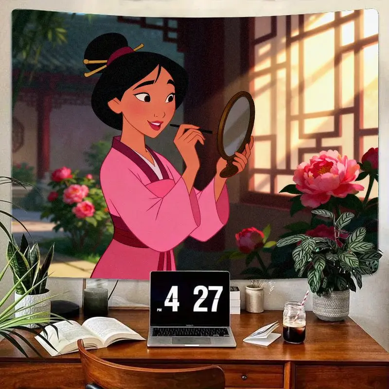 

1PC Disney Mulan Pink Princess Applying Makeup Tapestry Modern Polyester Wall Art Living Room Bedroom Decor Gift for Fans
