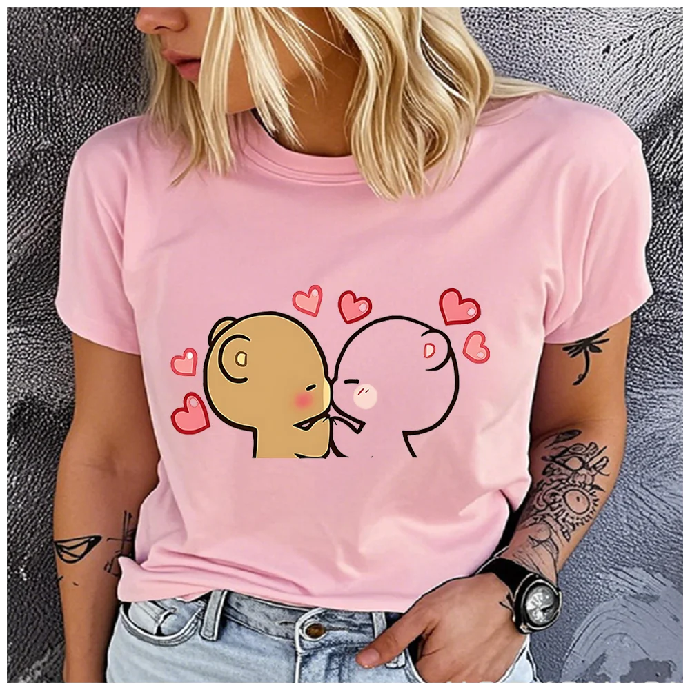 100% Cotton Women Cute Kissing Bear Graphic T Shirt Sweet Couple Bear Heart Print Casual Crew Neck Short Sleeve Valentine Gift