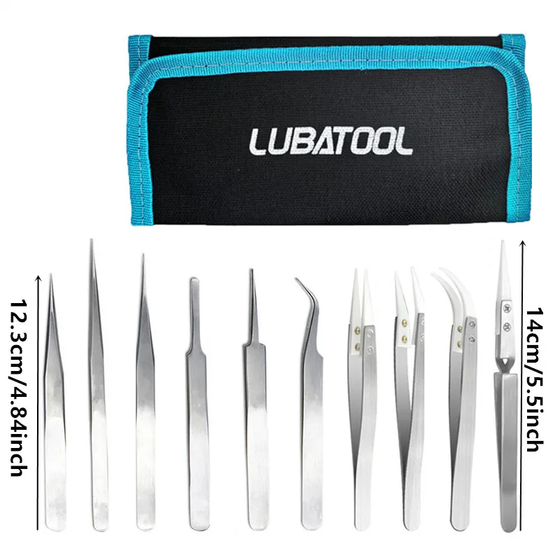 9/10 Pcs Stainless Steel Ceramic Tweezers Set Bag Electronic Mobile Phone Watch Repair Tools Hands Installation Work Tweezers