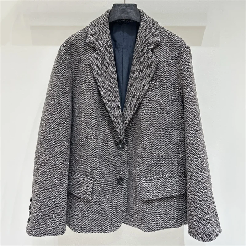 women's jacket 2026 winter new single breasted slim fit women's suit jacket Wool blend fine plaid women's coat y2k outerwear