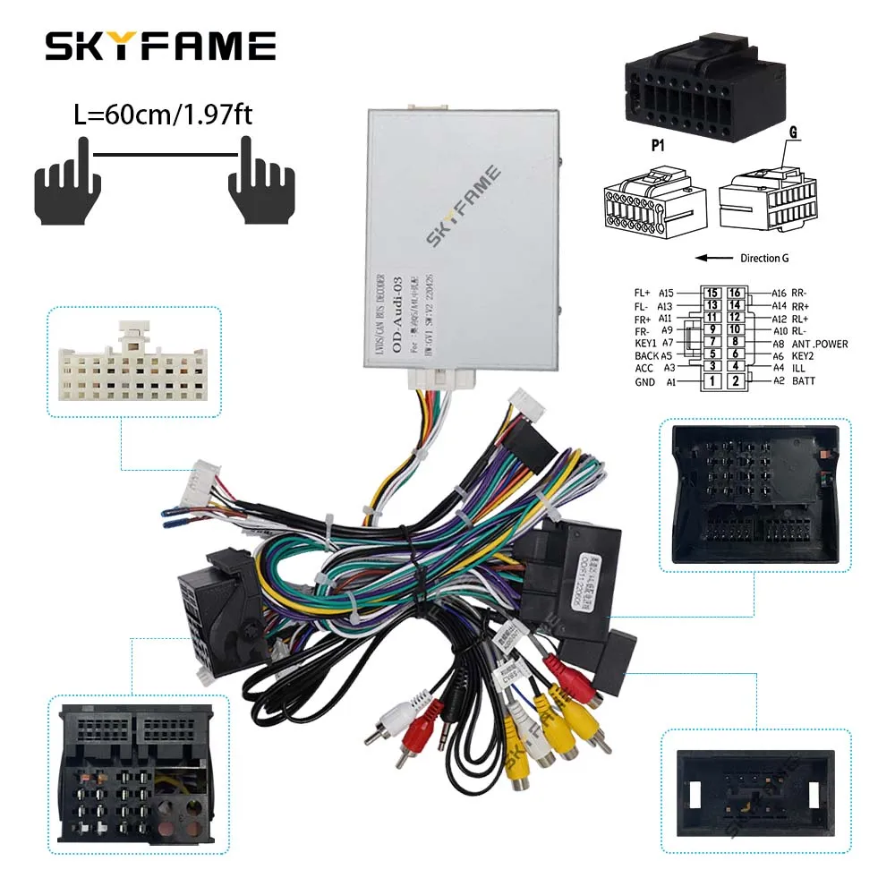 Skyfame adaptador de cablagem de carro, 16 pinos, caixa canbus, decodificador, cabo de alimentação de rádio android para audi q3 q5 a1 a4l