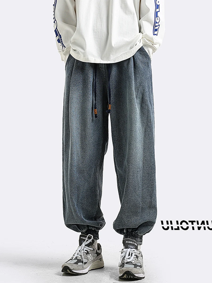 

Мужские свободные брюки-карго Harajuku с эластичным поясом, осенняя коллекция, модные винтажные повседневные джинсы со средней посадкой и шнурком