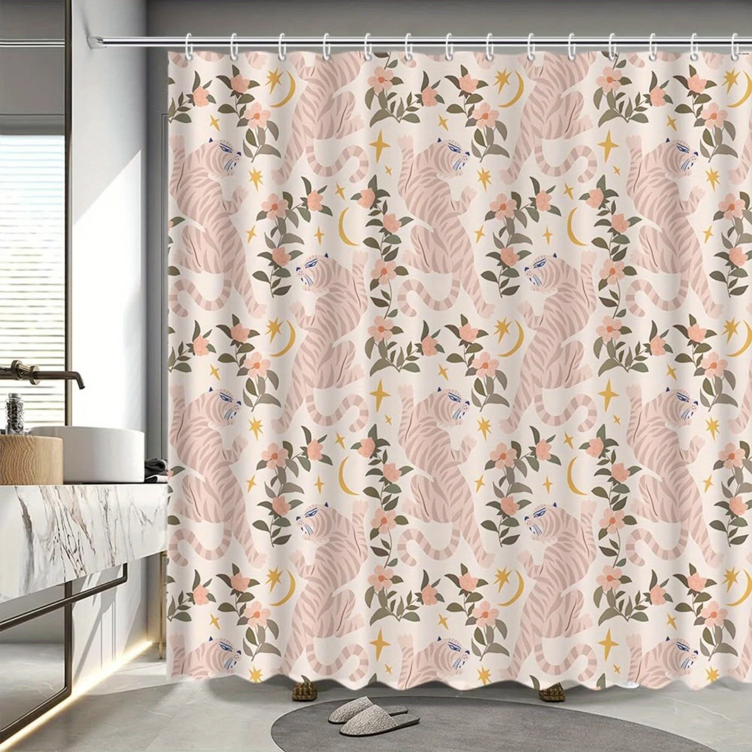 

Retro Tiger & Floral Shower Curtain - Pink Floral Design, Vintage Tiger Print, Polyester, All-Season Bath Decor, Modern Art