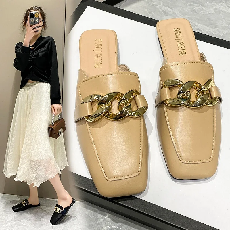 These Trendy Slippers Are Comfortable and Breathable Elegant Women Summer Flip Flops Chain Square Toe Slippers Sandals Shoes Wo