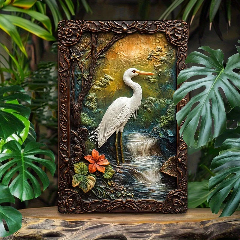 Elegant Egret Vintage Aluminum Wall Art, Metal Tin Sign for Living Room, Dorm Decor | Durable & Easy-to-Install