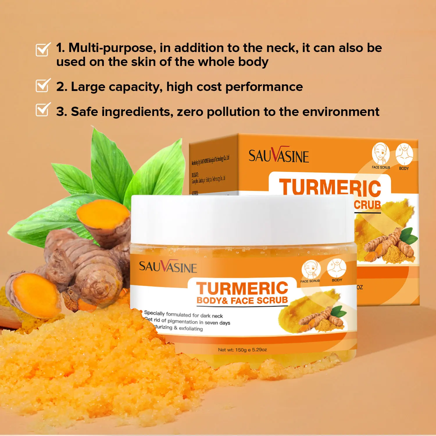 150g Turmeric Neck Scrub Turmeric Face Whitening Cream Brightening Exfoliating Pore Cleaning Turmeric Face Lightening Exfoliator