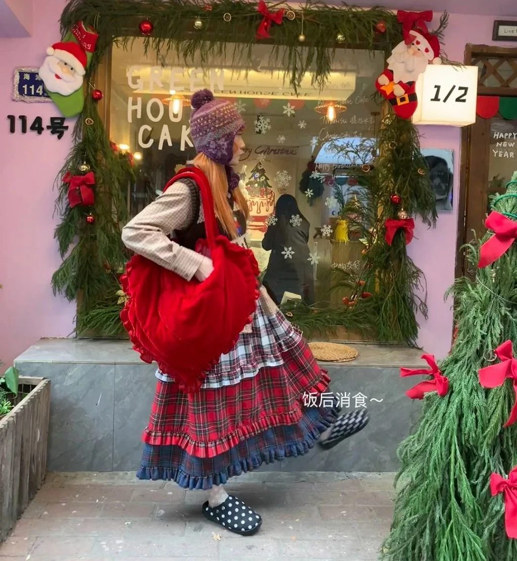 Designer Kerst Plaid Kanten Ruches Maxi Rok Taart Lange Rokken Herfst Vrouwen A-lijn Midi Rokken Engeland Klassieke Retro Rok