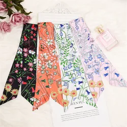 2024 New Design Skinny Scarf Floral Printing Silk Scarf Women Luxury Brand Foulard Fashion Flower Ladies Bag Scarf Headband