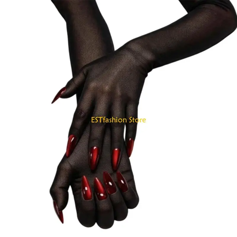 Y5GC Sheer Dress Finger Gloves with Long Forearm Coverage Cosplay Gloves for Halloween Costume Styling, Stage Looks and Daily