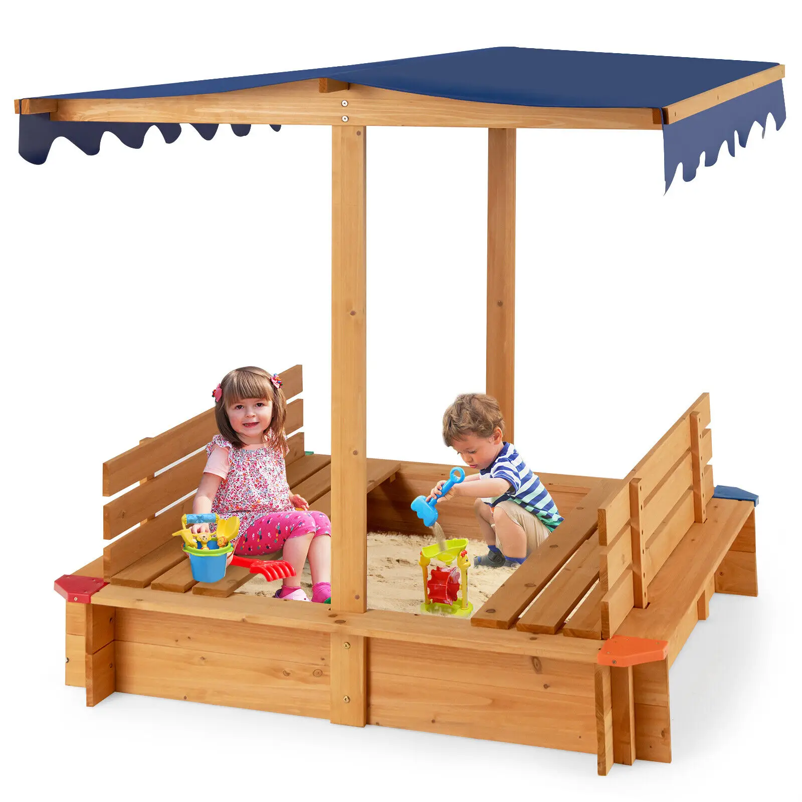 

Costway Kids Wooden Sandbox w/ Canopy & 2 Bench Seats Bottom Liner for Outdoor