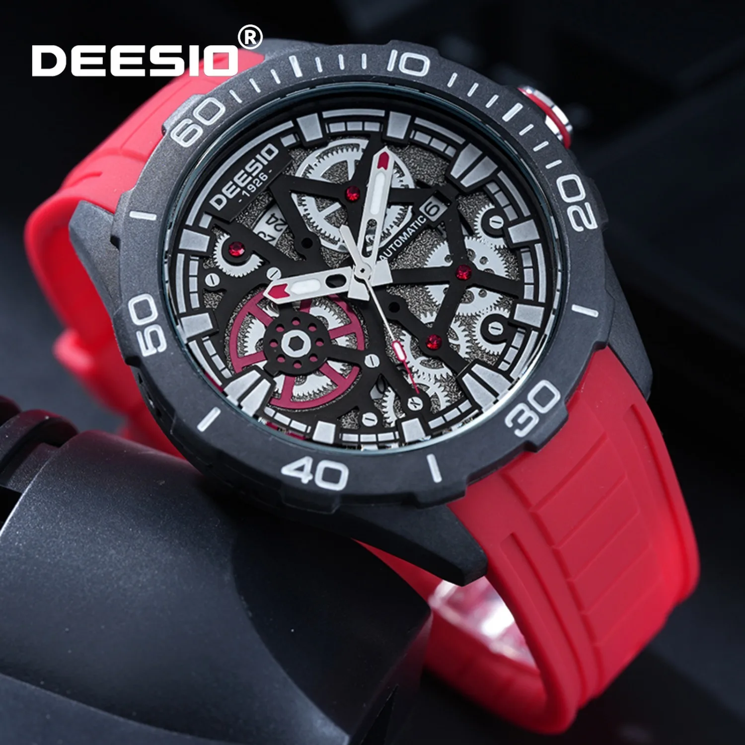 

Мужские повседневные автоматические механические часы Deesio, корпус из углеродного волокна, водонепроницаемые, светящиеся часы-скелетоны, с индикатором запаса хода, подарки для мужчин
