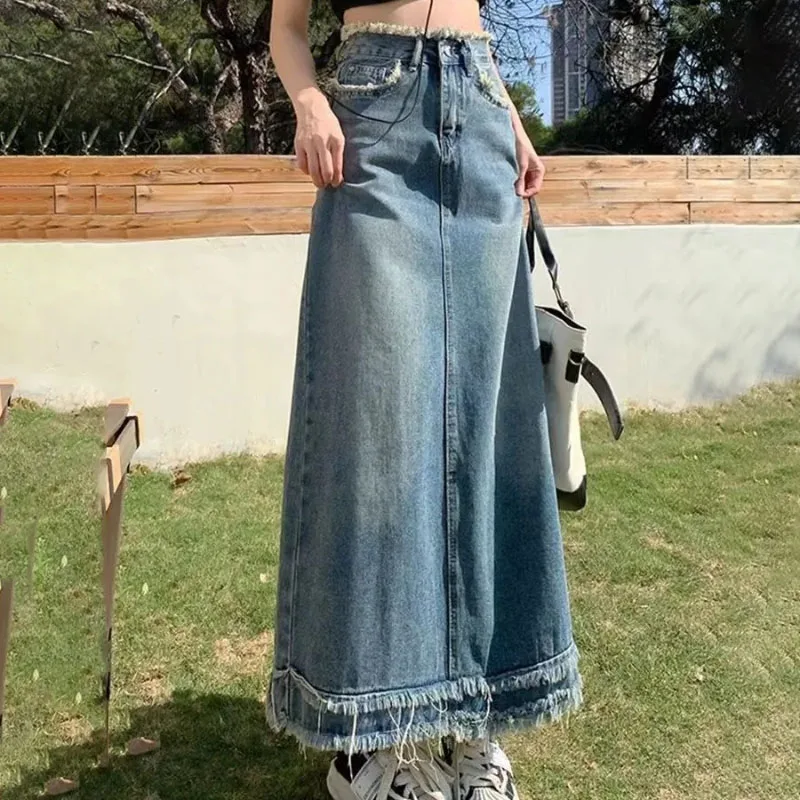 

Vintage High Waist Y2k Denim Skirt Women's New Spring Summer Fashion Loose Fur Edge Mid-Length Zipper Chic A- Line Skirts