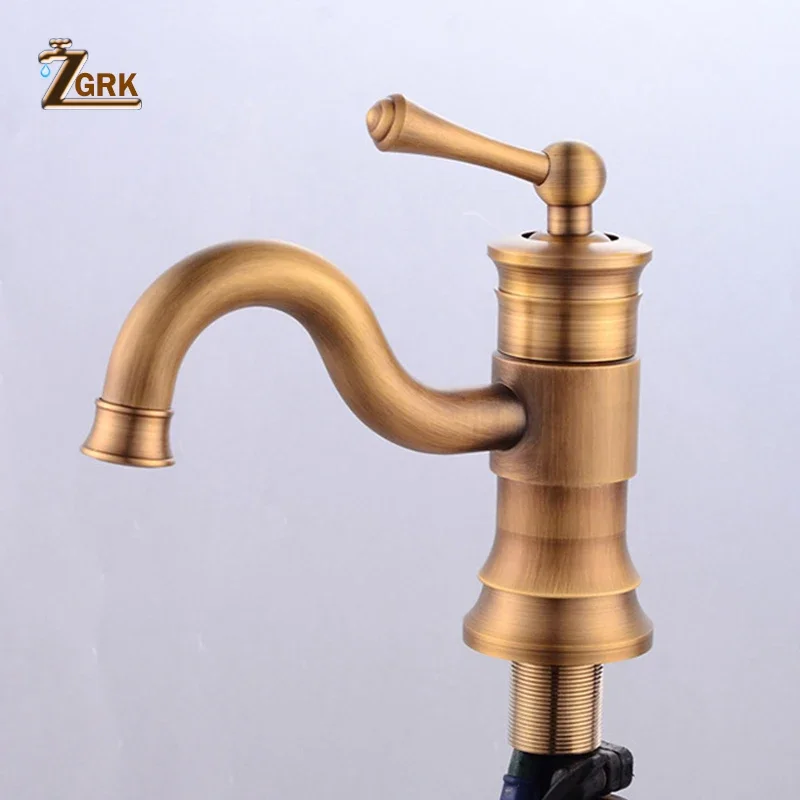 Imagem -04 - Zgrk-antique Brass Basin Faucets Torneira Single Handle Montagem do Deck Vintage Torneira de Água Quente e Fria Misturador de Banheiro