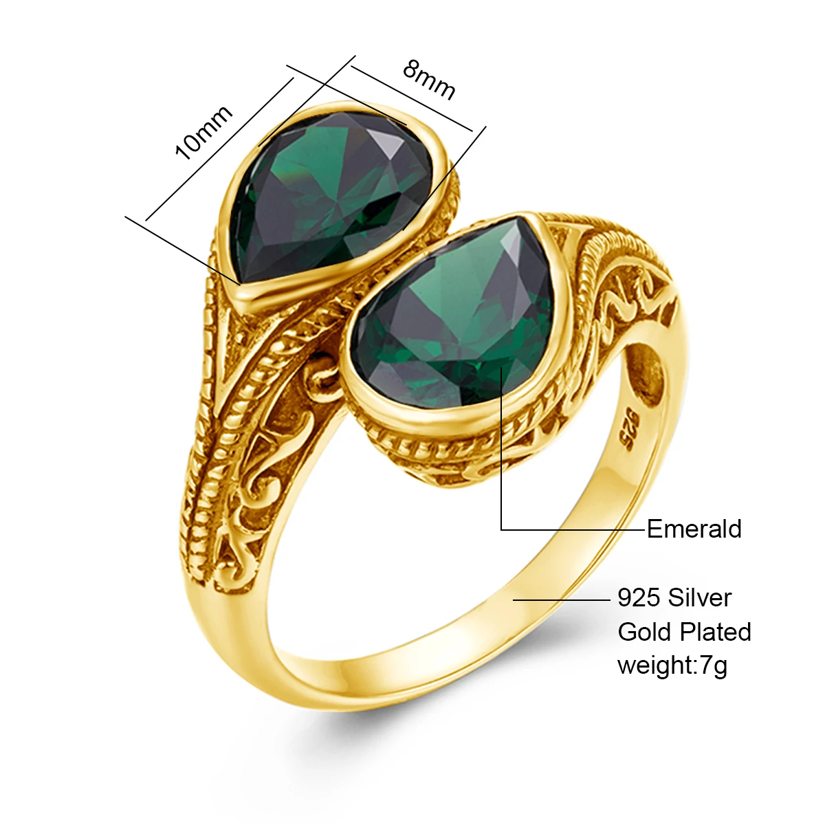Trendige Wassertropfen-Ringe mit grünem Smaragd für Damen, Gold mit Steinen, luxuriöser Designer-Schmuck, einzigartige Accessoires, Geschenk für Hochzeit und Party – Detail 1