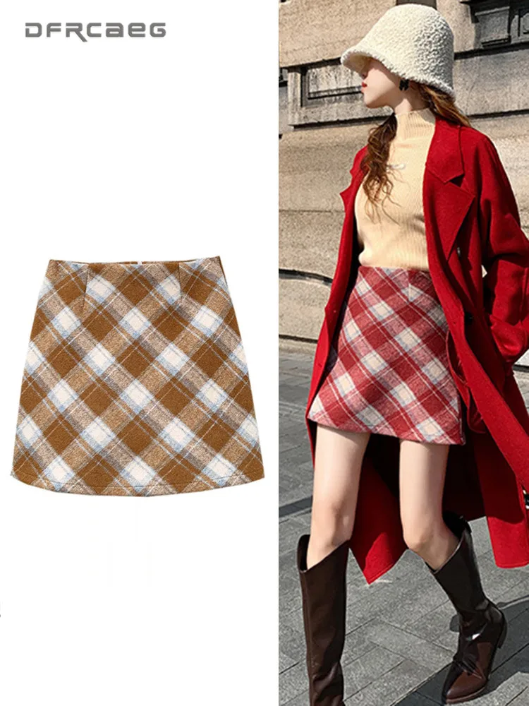 

High Waist Retro Plaid Woolen Pencil Skirt For Woman Autumn Winter Casual Slim Sweet Chic Warm Short Skirts Lady