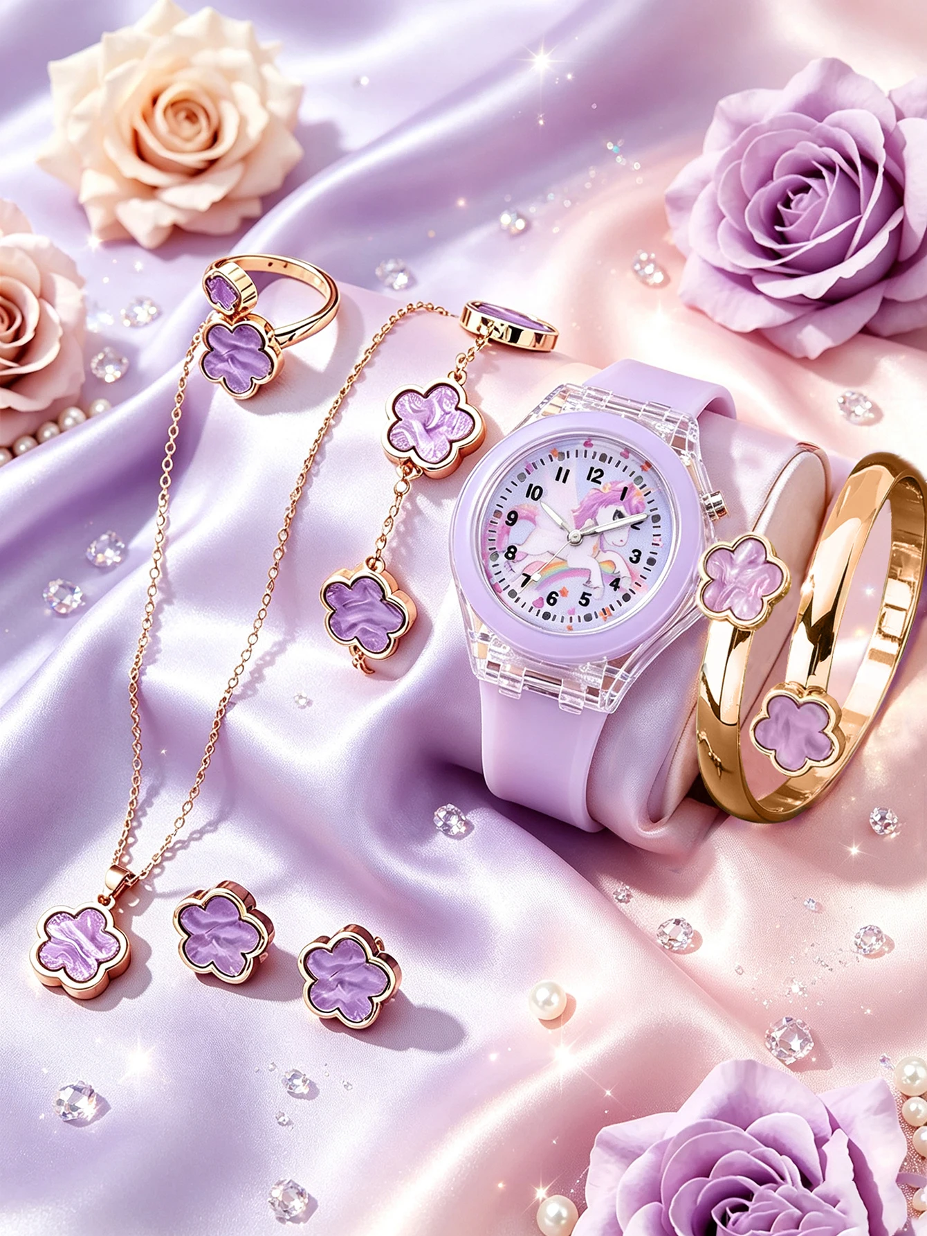 Unicorn Pattern Illuminated Jewelry Set with Embedded Flowers - Festive Gift Idea Shiny Glowing Unicorn Themed Accessory