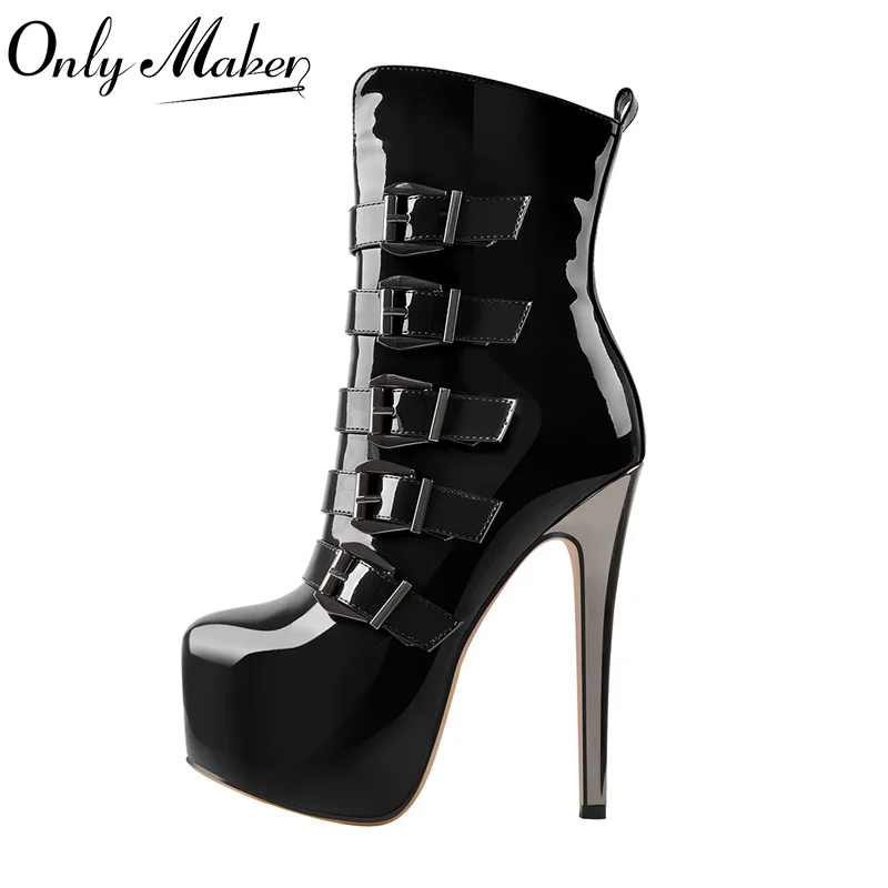 Onlymaker Women Round Toe Black Buckle Platform Side Zipper Thin Heel  Short Boots Big Size Patent Leather Lady Boots