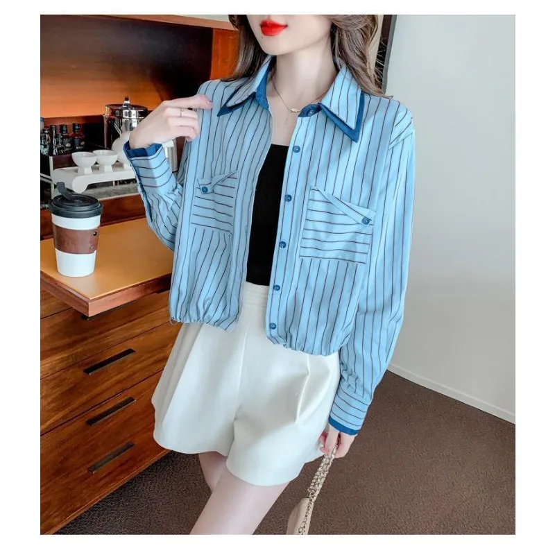 Jesienna damska koszula w paski z długim rękawem, luźny kardigan w stylu francuskim, krótki płaszczyk, bluzki.