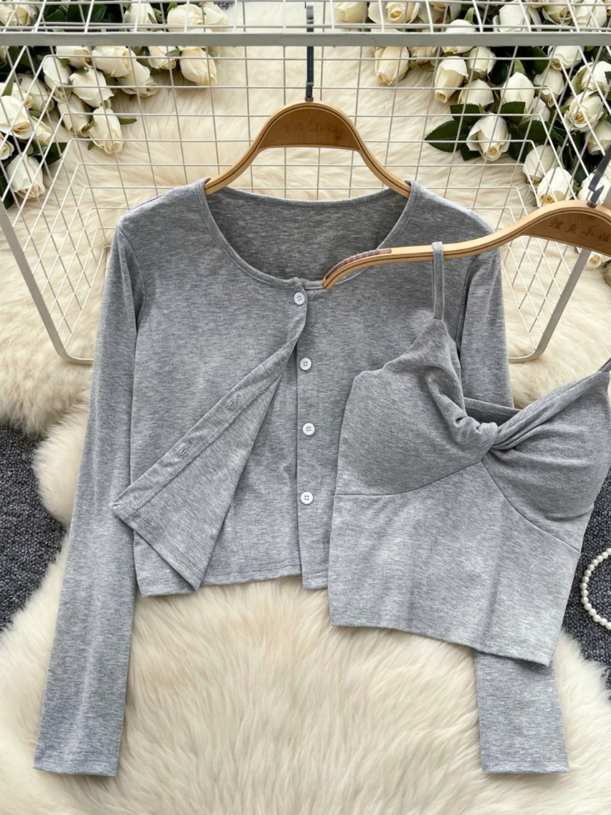 Autumn Women Cardigans Coats 2pcs Set Sweet Solid Color V Neck Camisole And Long Sleeve Single Breasted Knitshirts Female