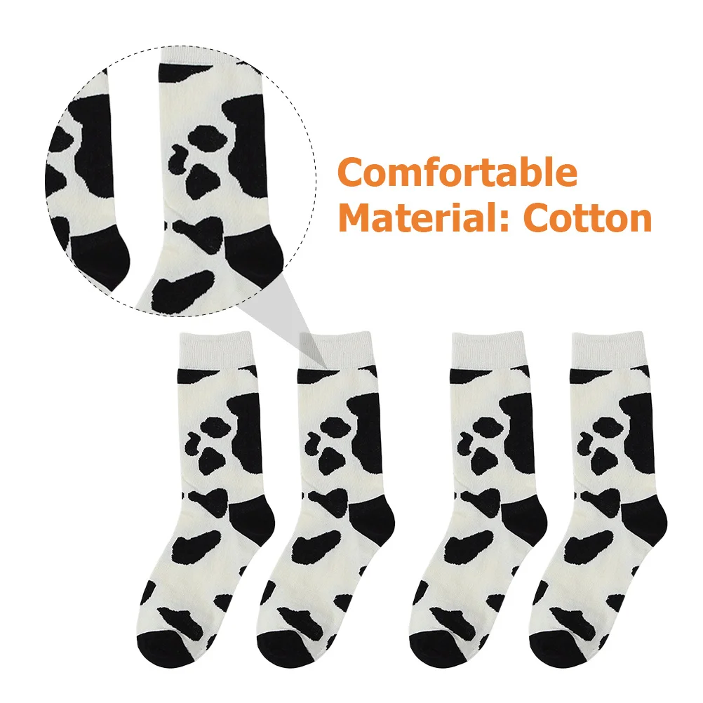 2pcs Women'S Cow Pattern Socks High Tube Warm Thick Cotton Casual Winter Stockings Comfortable Durable Fashionable Girl Socks