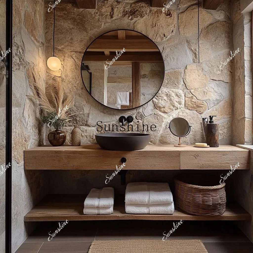 Wabi-sabi bathroom retro washing table integrated solid wood simple original ecological homestay hotel washing cabinet  FT