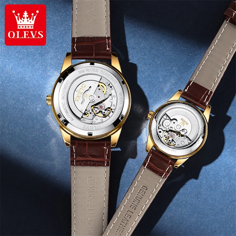 Olevs Merk Luxe Automatische Koppels Horloge Voor Mannen Vrouwen Mode Lederen Waterdichte Mechanische Horloges Casual Paar Klok