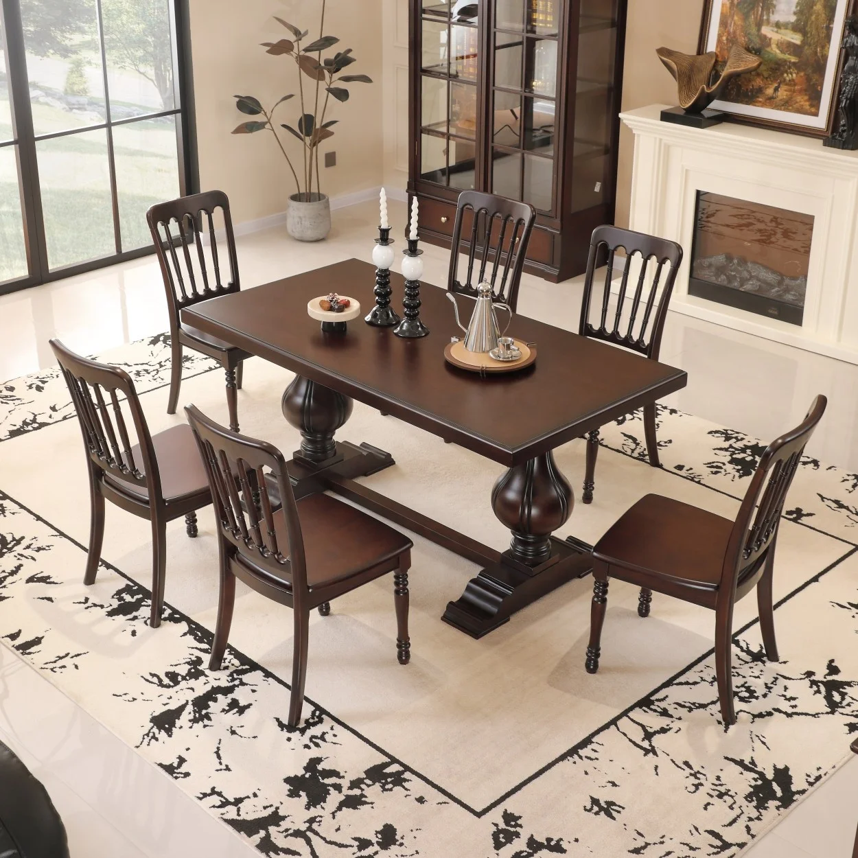 

Classic Solid Wood Water-Based Environmentally Friendly Paint Western-Style Rectangle Multi-Functional Dining Table for 6 People