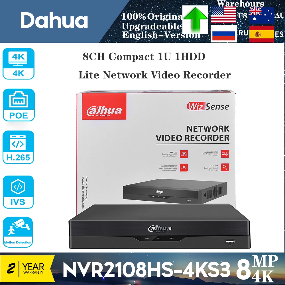 Original Dahua NVR4108HS-8P-4KS3 8ch with 8PoE ports Max 12MP Resolution 4K AI 1U 1HDD Lite  Network Video Recorder