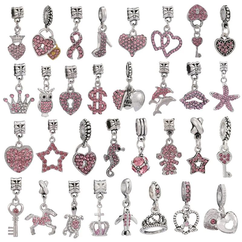 2Pcs/Lot 45 Styles Silver Plated Shinning Pink Love Key & Lock Beads DIY Fashion Brand Bracelet Making For Women Special Offer