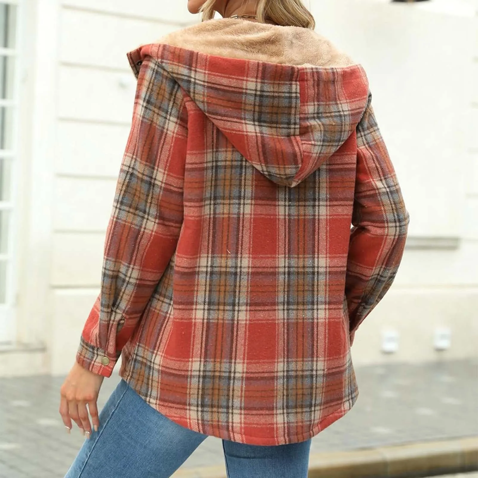 Autumn WInter Plaid Print Fleece Lined Jackets Women's Vintage Fashion Long Sleeve Button Up Hooded Outwears Coats With Pockets