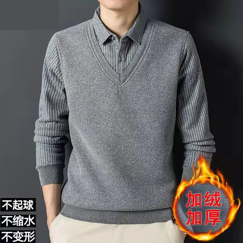 Suéter de cuello de camisa de felpa gruesa para hombre, suéter de punto falso, Delgado, cálido, nuevo