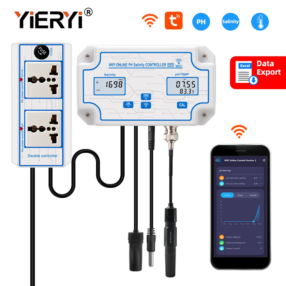Medidor Controlador de Salinidade Online para Aquário Água do Mar do Aquário Testador de Sal Monitor para Piscina Lagoa de Peixes Koi com Plugue Duplo Wifi