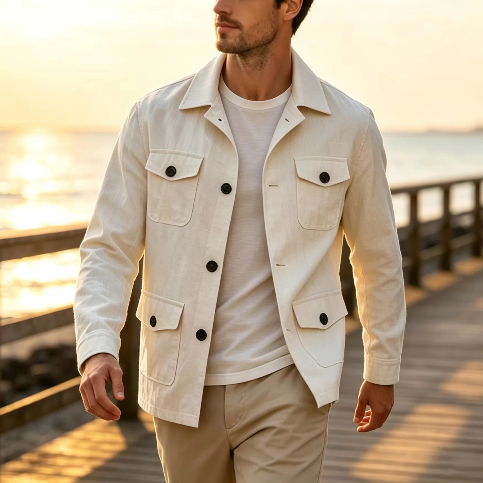 Retro Gaming Jacket - Herren Leinen-Mix Safari-Jacke Retro Britischer Stil