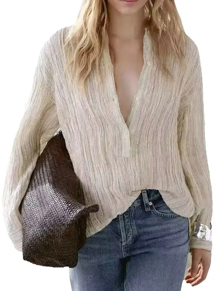 

2025 New Summer Women's Vintage Luxury Loose Long Sleeve Striped Beige Shirts Lady Elegant High Quality Turn-down Collar Blouses