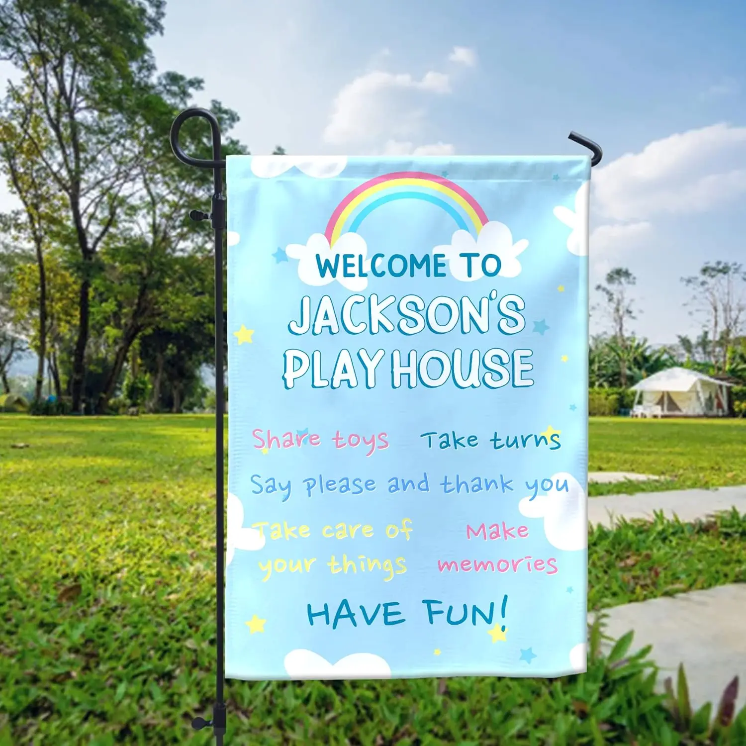 VOTANTA Personalized Playhouse Garden Flag For Kids Girls Boys Custom Name Playhouse Sign Blue Sky Rainbow Treehouse Flag Ou WZZ